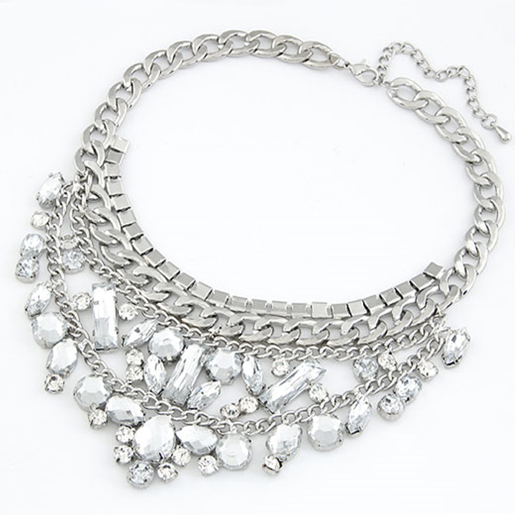 White Rhinestone And Chain Oversize Necklace on Luulla